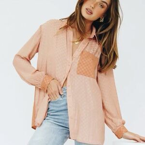 Verge Girl Coral Check Button-Front Shirt Size 10 Long Sleeve Silky Oversized